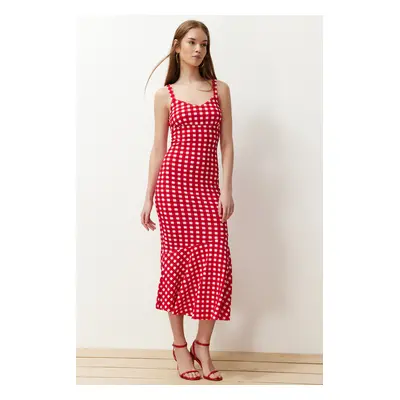 Trendyol Red Plaid Strappy Fitted Ribbed Flexible Knitted Maxi Pencil Dress