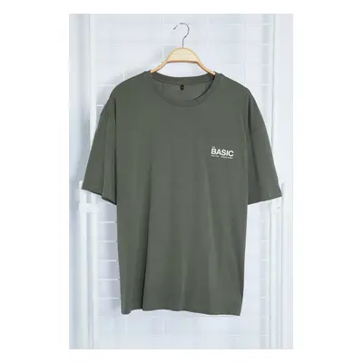 Trendyol Khaki Gray Oversize Crew Neck Slogan Knitted T-Shirt