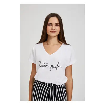 Women's T-shirt with V-neck and MOODO inscription - white