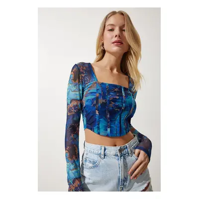 Happiness İstanbul Women's Blue Patterned Crop Chiffon Blouse