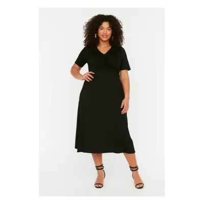 Trendyol Curve Black Skater V Neck Gathered Detailed Knitted Dress