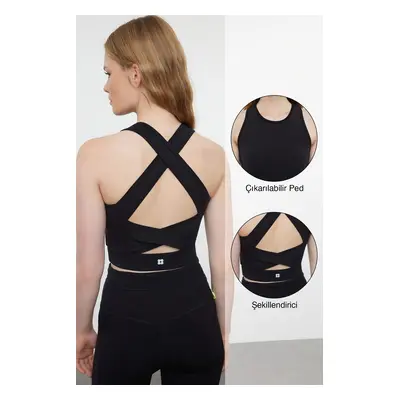 Trendyol Black Brushed Soft Reflective Printed Support/Shaping Yoga Knitted Sports Bra