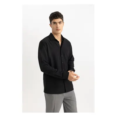 DEFACTO Modern Fit Polo Collar Basic Plain Crinkle Long Sleeve Shirt