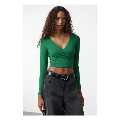 Trendyol Emerald Green Deep Double Breasted Lace Detailed Long Sleeve Crop Cotton Flexible Knit 