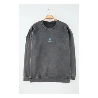 Trendyol Plus Size Anthracite Oversize/Wide Cut 100% Cotton Faded Effect Sweatshirt