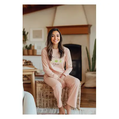 Trendyol Light Salmon 100% Cotton Slogan and Avocado Printed Knitted Pajama Set