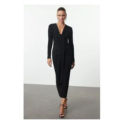 Trendyol Black Body-fitting V-Neck Knitted Chic Dress