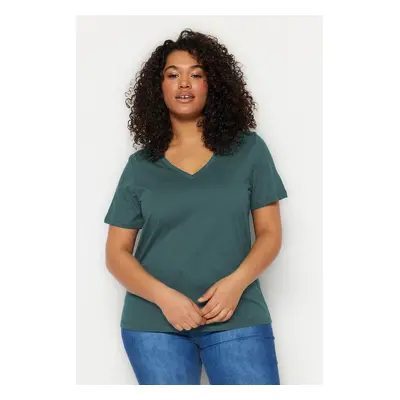 Trendyol Curve Emerald V-Neck Basic 100% Cotton Knitted T-Shirt