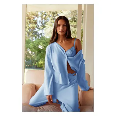 Trendyol Blue Brushed Soft Ribbed Cardigan Knitted Pajama Set