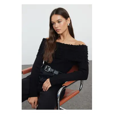 Trendyol Black Soft Texture Carmen Collar Draped Detail Knitwear Sweater