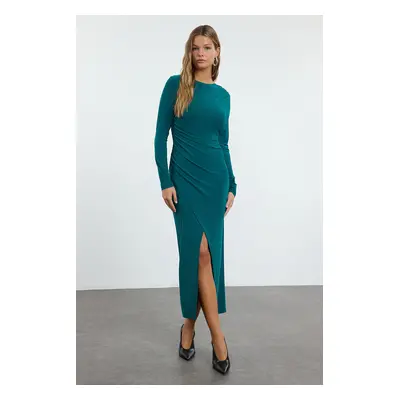 Trendyol Emerald Green Plain Crew Neck Bodycon Draped Wrap Flexible Maxi Knit Dress