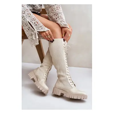 Women's lace-up sock boots on a flat heel beige Vamisha