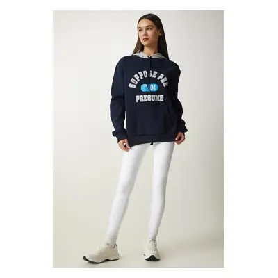 Happiness İstanbul Women's Navy Blue Hooded Rayon Printed Sweatshirt