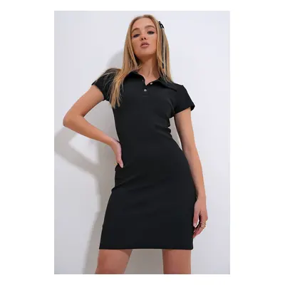 Trend Alaçatı Stili Women's Black Polo Collar Buttoned Ottoban Dress