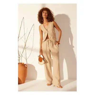 Trendyol Beige 100% Linen Elastic Waist High Waist Wide Leg Trousers