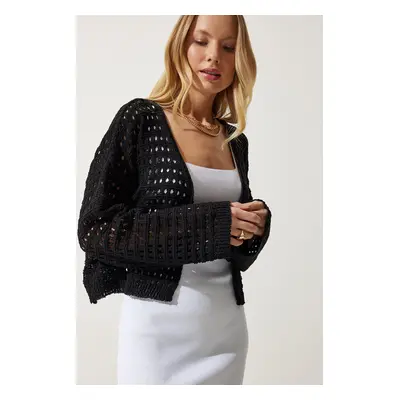 Happiness İstanbul Women's Black Perforated Tie Seasonal Knitwear Cardigan