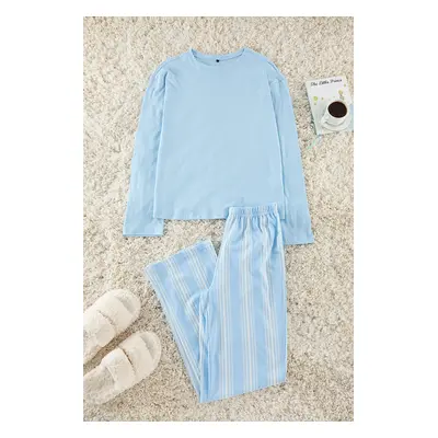 Trendyol Blue 100% Cotton Striped Knitted Pajama Set