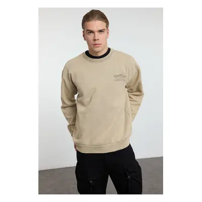 Trendyol Beige Oversize/Wide Cut Vintage/Faded Effect Embroidered Sweatshirt