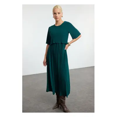 Trendyol Emerald Green Pleated Skater Midi Crew Neck Stretchy Knitted Dress