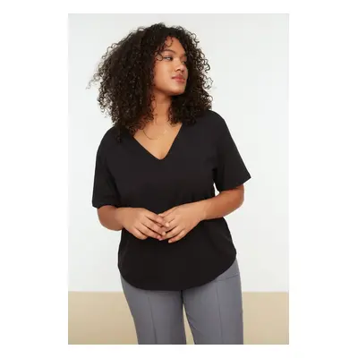 Trendyol Curve Black V-Neck Basic 100% Cotton Knitted T-Shirt