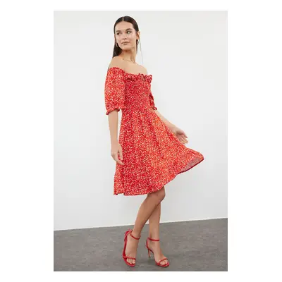 Trendyol Red Flower Patterned Skirt Opening at the Waist Madonna Collar Viscose Woven Dress