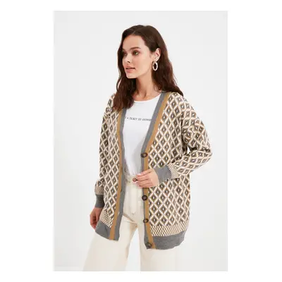 Trendyol Gray Jacquard Button Detailed Knitwear Cardigan