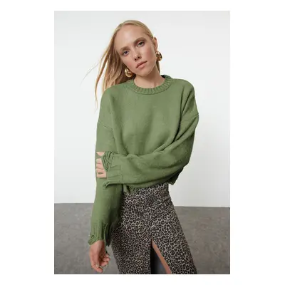 Trendyol Khaki Crop Super Wide Pattern Soft Texture Knit Sweater