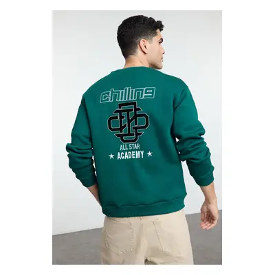 Trendyol Emerald Green Oversize/Wide Cut Embroidered Fleece Crew Neck Sweatshirt