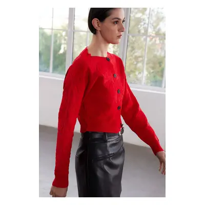 Trendyol Limited Edition Red Crop Soft Texture Rose Knitted Jacket Look Knitwear Cardigan