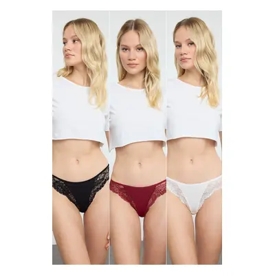 Trendyol Black-Burgundy-White 3-Pack Cotton Lace Brazilian Knitted Panties