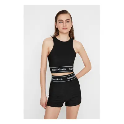 Trendyol X Sagaza Studio Black Shiny Elastic Detail Knitted Shorts