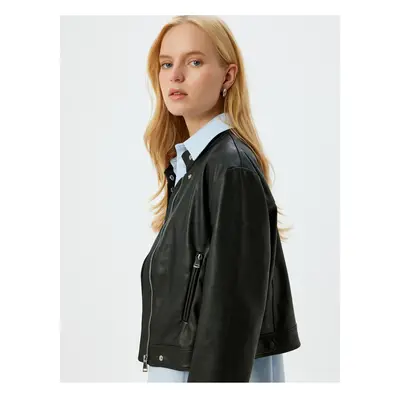 Koton Zippered Pocket Stand Collar Crop Faux Leather Jacket