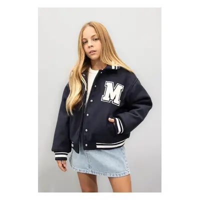 DEFACTO Girls Text Printed Snap Ribbed Sleeve College Coat