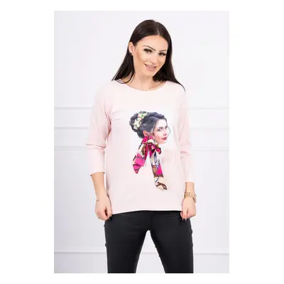 Blouse with graphics and colorful bow 3D powder pink