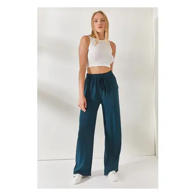 Olalook Women's Petrol Blue Belted Woven Viscon Palazzo Trousers