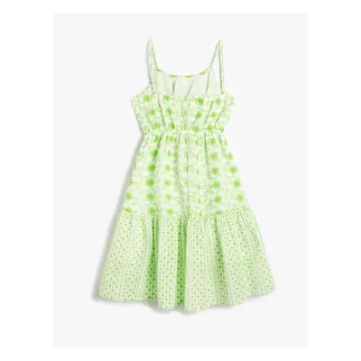 Koton Girl's Dress with Flowers and Thin Straps Lined, Ruffled Gathered Waist.