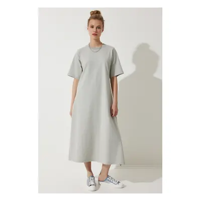 Happiness İstanbul Women's Gray Crew Neck Loose Comfortable Combed Cotton Dress