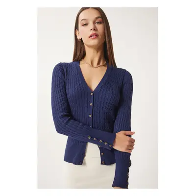 Happiness İstanbul Women's Navy Blue Thessaloniki Knit Detail Wrap Knitwear Cardigan