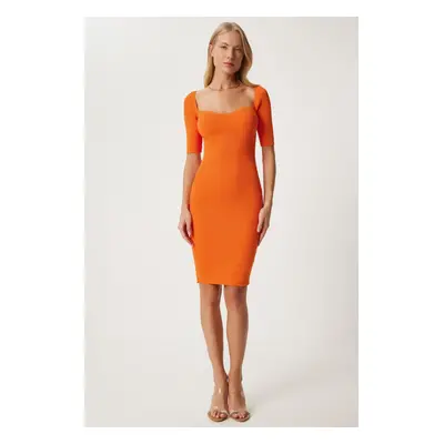 Happiness İstanbul Women's Orange Heart Neck Ribbed Wrap Mini Knit Dress