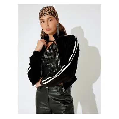 Koton X Inji - Velvet Zippered Stripe Detailed Stand Collar Asymmetric Crop Sweatshirt