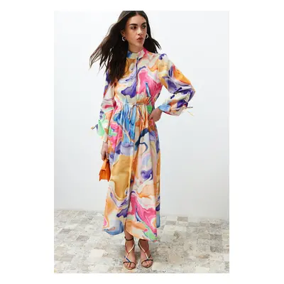 Trendyol Multicolored Grand Collar Drawstring Gathered Detailed Abstract Woven Dress