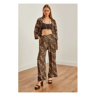 Olalook Women's Leopard Black Top Kimono Bottom Pocket Palazzo Trousers Set