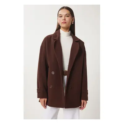 Happiness İstanbul Women's Brown Double Breasted Lapel Stamp Coat