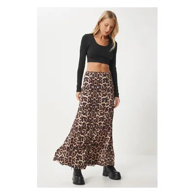 Happiness İstanbul Women's Black Beige Leopard Patterned Long Woven Skirt