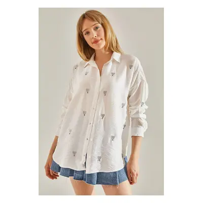 Bianco Lucci Women's White Linen Airobin Heart Embroidered Oversize Shirt