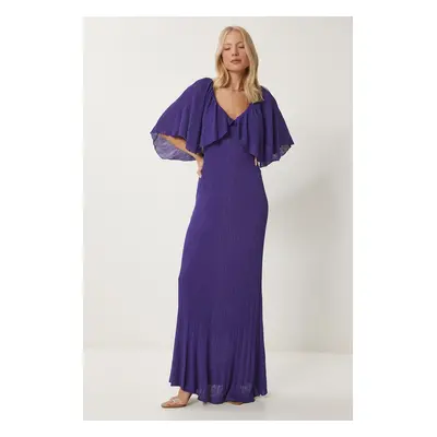 Happiness İstanbul Women's Purple Glittery Cape Sleeve Long Knitted Dress