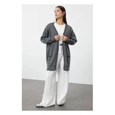 Trendyol Anthracite Pearl Buttoned Piping Oversize Knitwear Cardigan