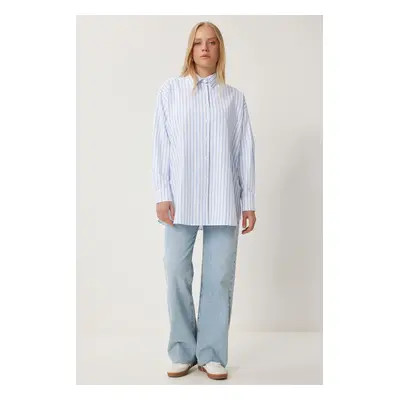 Happiness İstanbul Women's White Blue Striped Oversize Long Woven Shirt