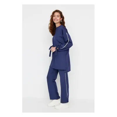 Trendyol Navy Blue Sleeve Detailed Striped Scuba Knitted Tracksuit Set