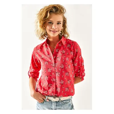 Olalook Women's Red Floral Sleeve Fold Linen Shirt